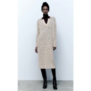 ZARA Sand Pointelle Knit Polo Midi Dress